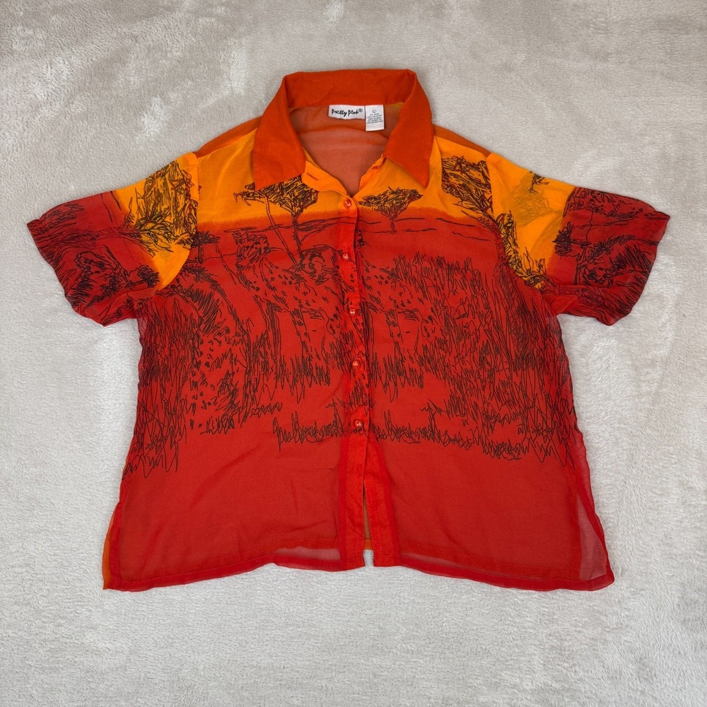 Vintage Pretty Pink Button Up Shirt Womens L Orange Preowned Animal Print Summer